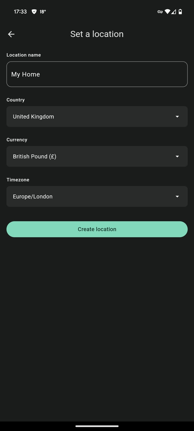 Screen showing the "Set a location" options in the Hypervolt App
